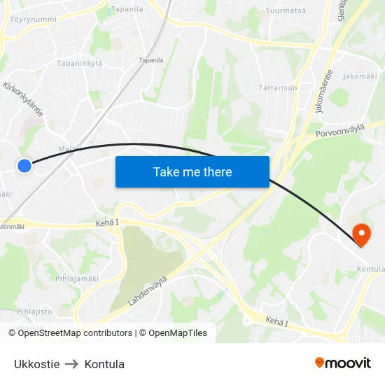 Ukkostie to Kontula map