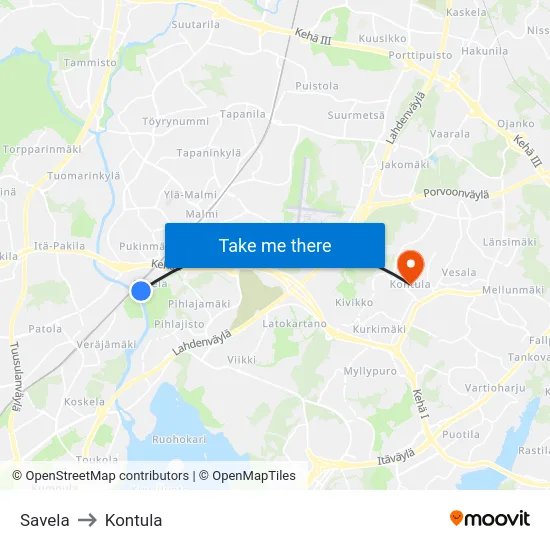 Savela to Kontula map