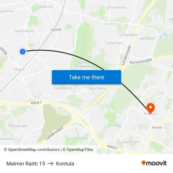 Malmin Raitti 15 to Kontula map