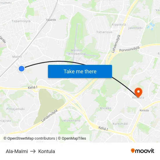 Ala-Malmi to Kontula map