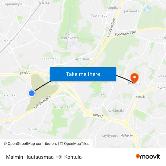 Malmin Hautausmaa to Kontula map