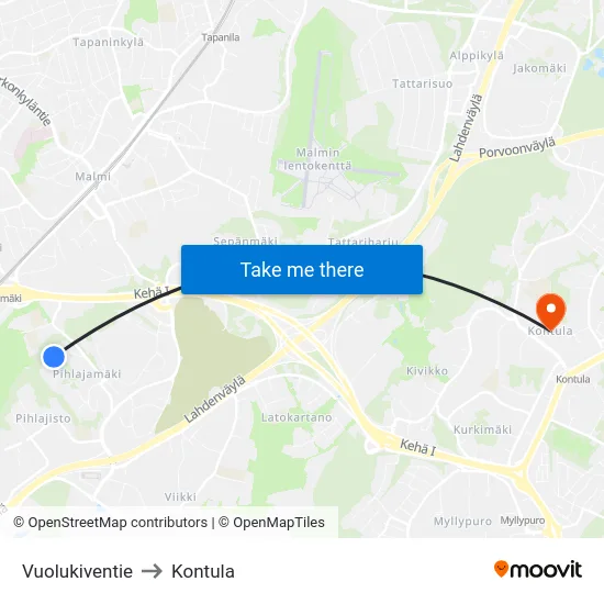 Vuolukiventie to Kontula map