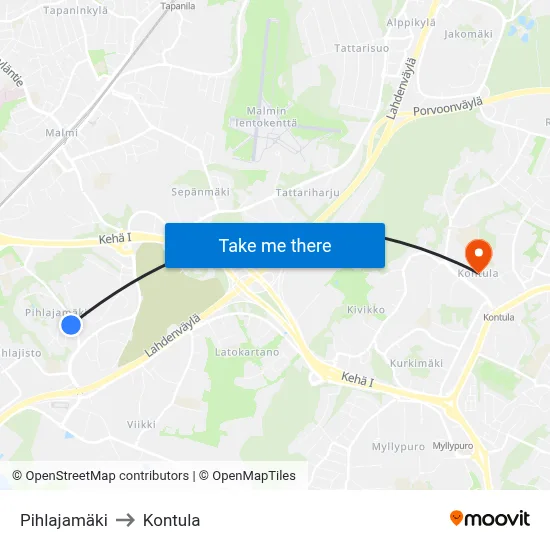 Pihlajamäki to Kontula map