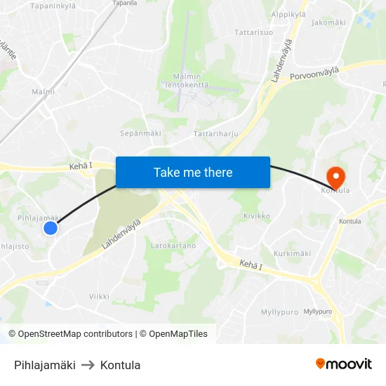 Pihlajamäki to Kontula map
