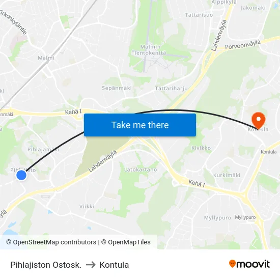 Pihlajiston Ostosk. to Kontula map