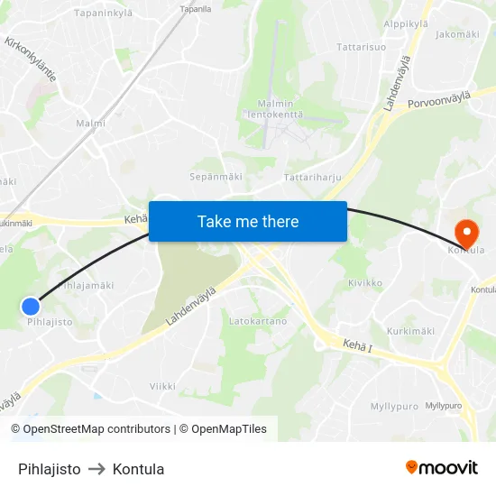 Pihlajisto to Kontula map