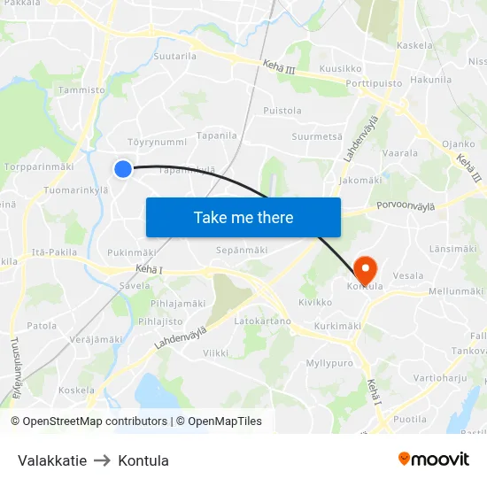Valakka Road to Kontula map