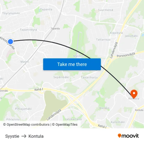 Syystie to Kontula map