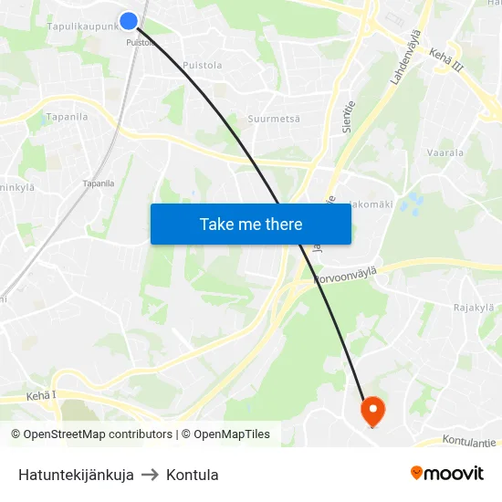 Hatter's Alley to Kontula map