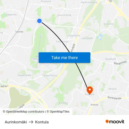 Aurinkomäki to Kontula map