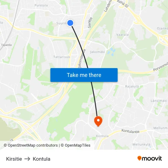 Kirsitie to Kontula map