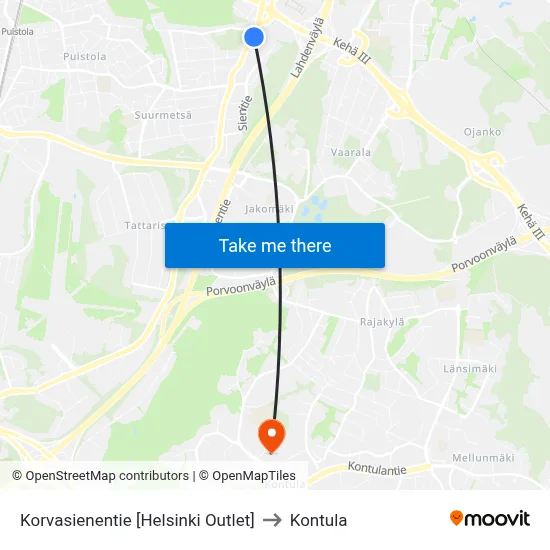 Korvasieni Road [Helsinki Outlet] to Kontula map