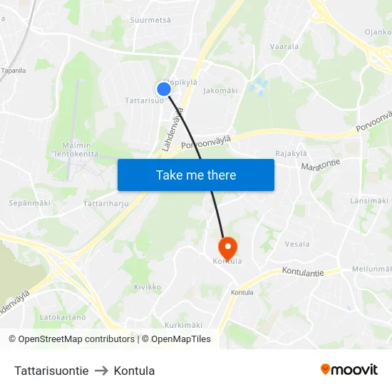 Tattarisuontie to Kontula map