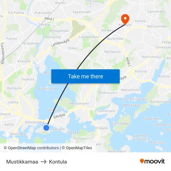 Mustikkamaa to Kontula map