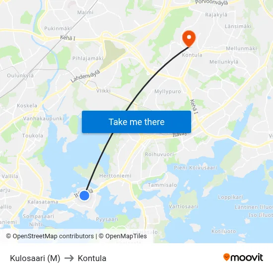 Kulosaari (M) to Kontula map