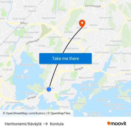Herttoniemi/Itäväylä to Kontula map