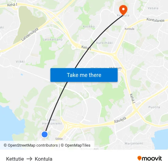 Kettutie to Kontula map