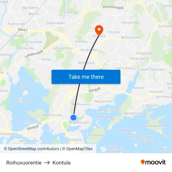 Roihuvuorentie to Kontula map