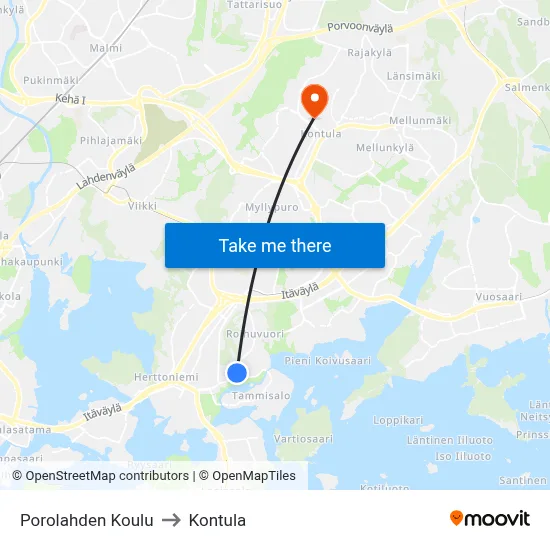 Porolahti School to Kontula map