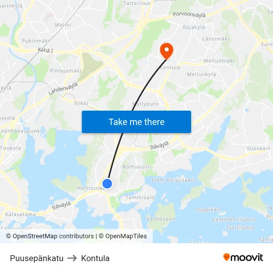 Puusepänkatu to Kontula map