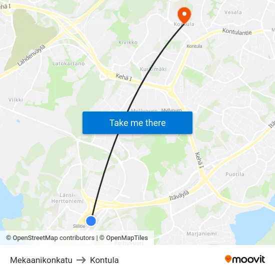 Mekaanikonkatu to Kontula map