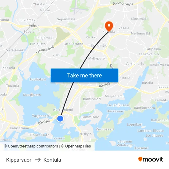 Kipparvuori to Kontula map