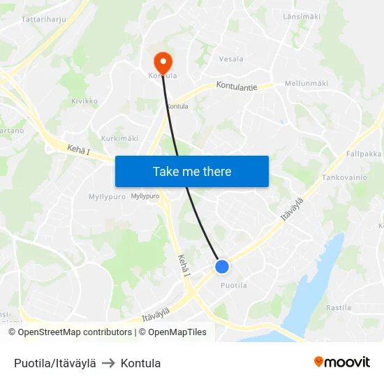 Puotila/Itäväylä to Kontula map