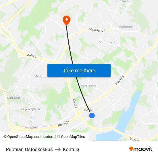 Puotila Shopping Center to Kontula map