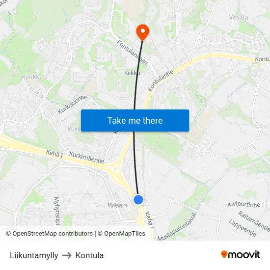 Liikuntamylly to Kontula map