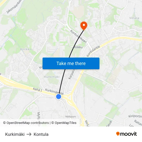 Kurkimäki to Kontula map