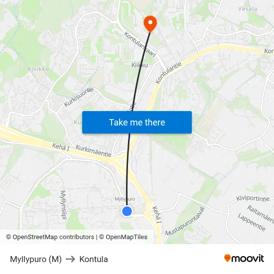 Myllypuro (M) to Kontula map