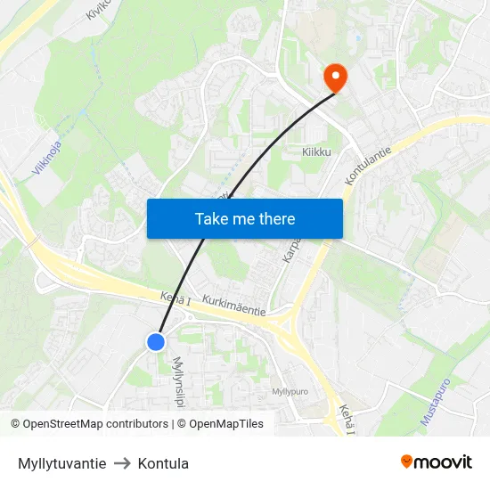 Myllytuvantie to Kontula map