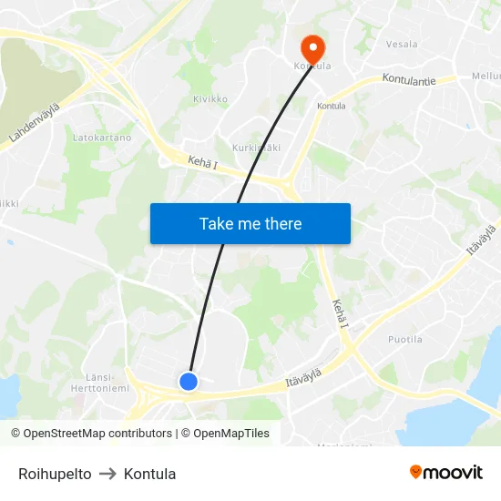 Roihupelto [Lanterna] to Kontula map