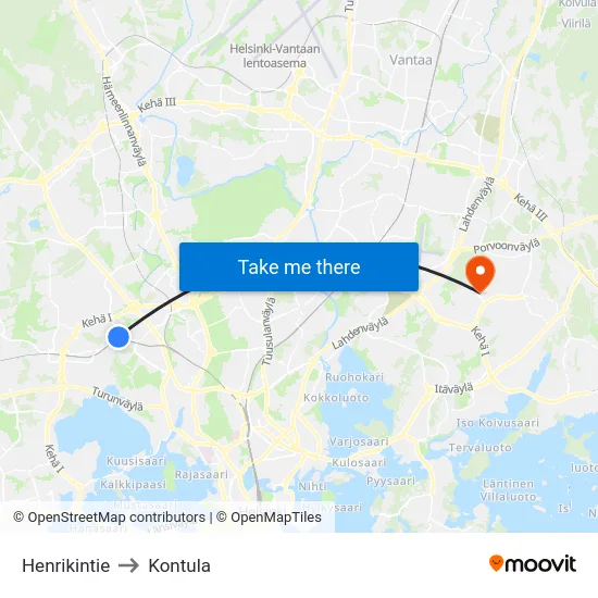 Henrikintie to Kontula map
