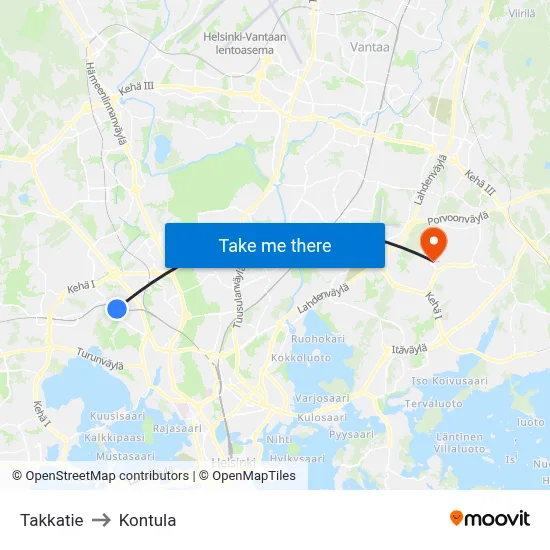 Takkatie to Kontula map