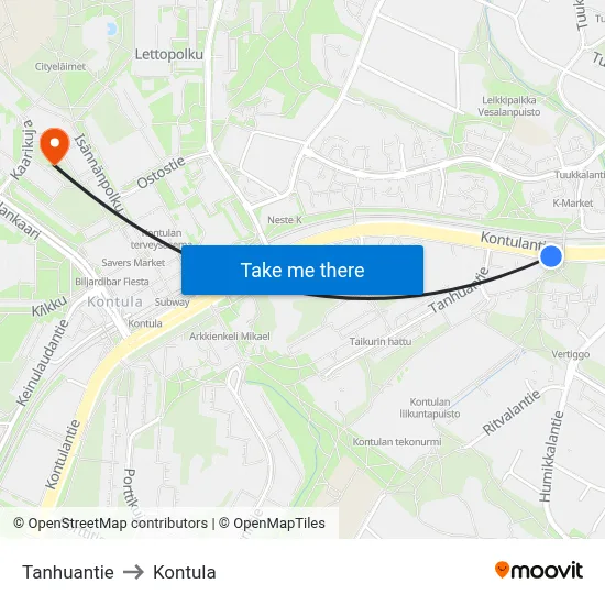 Tanhuantie to Kontula map