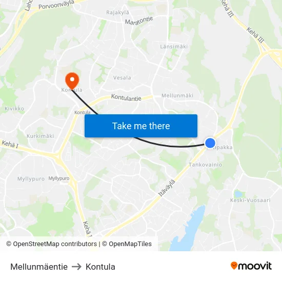 Mellunmäentie to Kontula map