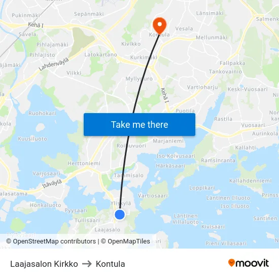 Laajasalon Kirkko to Kontula map