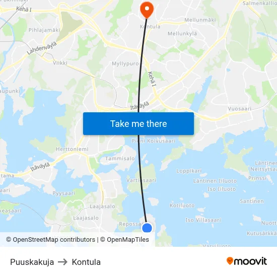 Puuskakuja to Kontula map