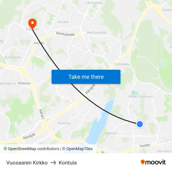 Vuosaaren Kirkko to Kontula map