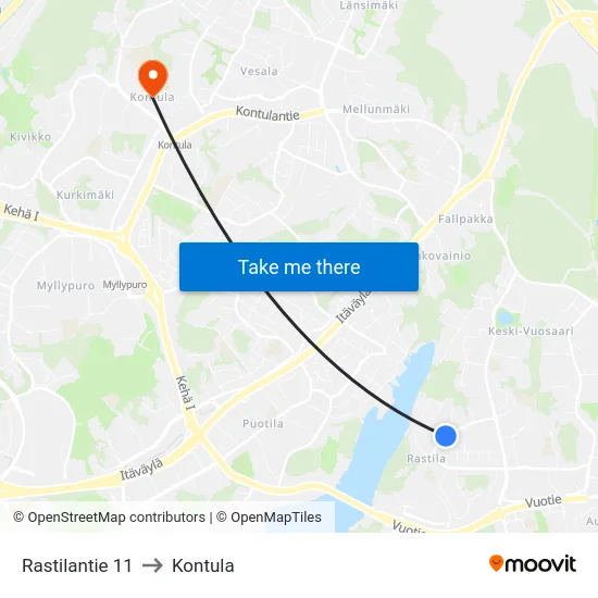 Rastilantie 11 to Kontula map