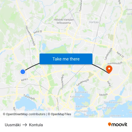 Uusmäki to Kontula map