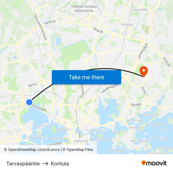 Tarvaspää Road to Kontula map