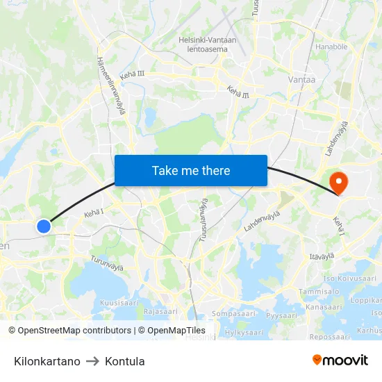 Kilo Manor to Kontula map