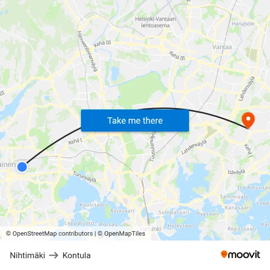 Nihtimaki to Kontula map