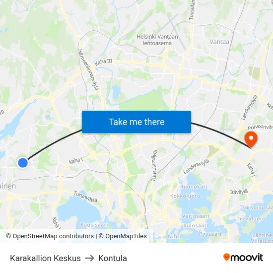 Karakallion Keskus to Kontula map