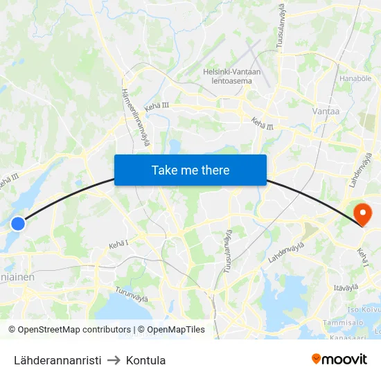 Source Shore Cross to Kontula map