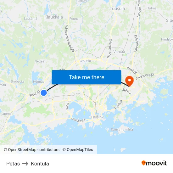 Petas to Kontula map