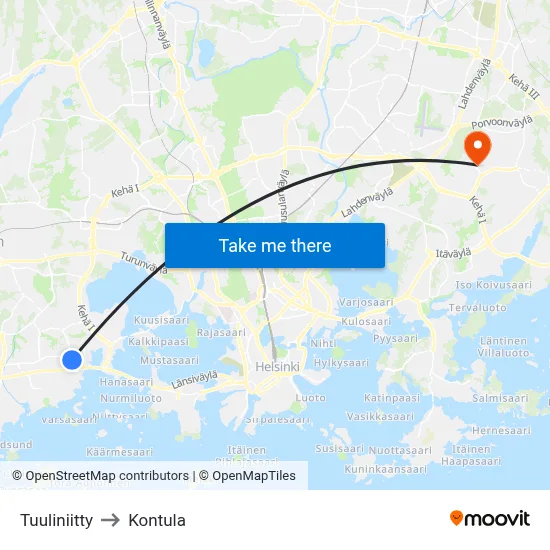 Wind Meadow to Kontula map