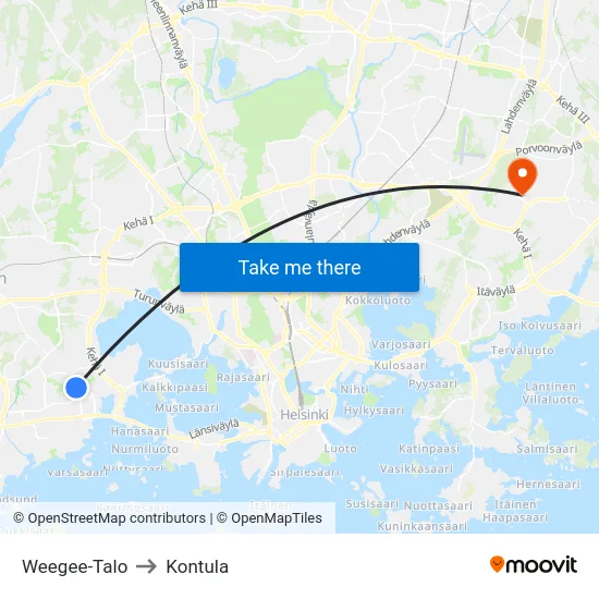 Weegee-Talo to Kontula map